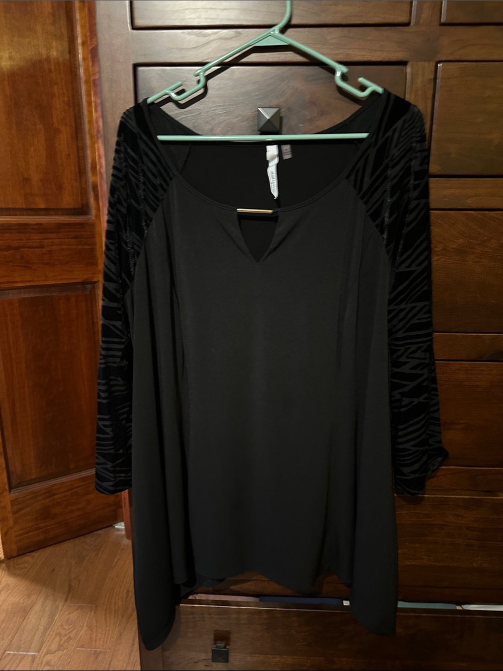 NY Collection Black Long-Sleeve Tunic Dress with Velvet-Textured Sleeves